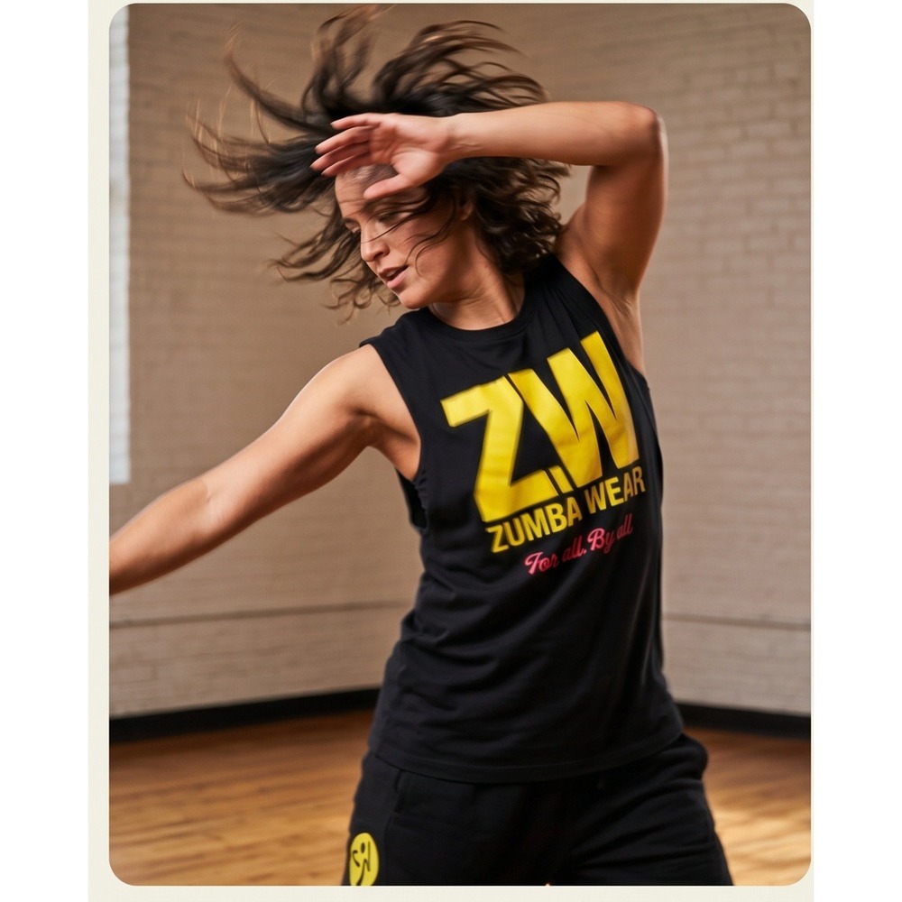 Zumba Wear ZW M Muscle Tank Top Black Yellow Graphic Sleeveless Shirt Medium